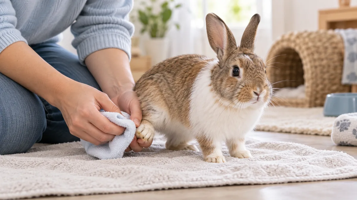 Patte arrière d'un lapin nettoyée doucement avec un linge humide