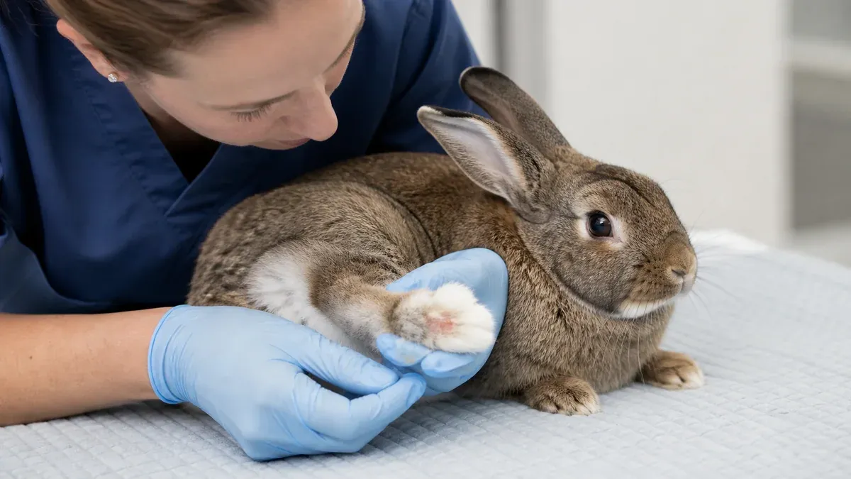 Lapin assis sur un tapis épais, pattes arrière bien à plat, illustrant une surface adaptée pour prévenir la pododermatite