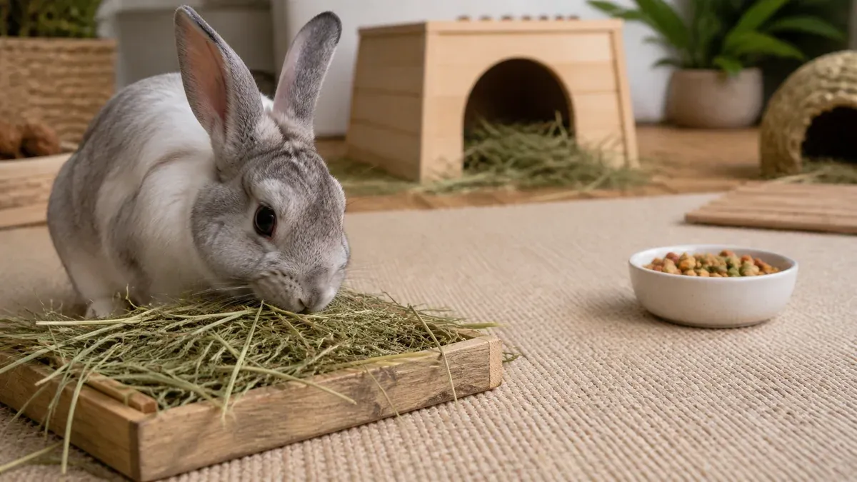 Bowl of colorful seed mix labeled 'for rabbits' next to a bowl of healthy uniform pellets