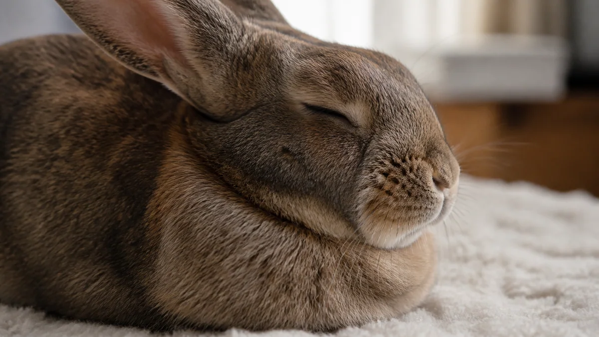Gros plan sur la tête d'un lapin détendu, illustrant le léger claquement de dents de contentement
