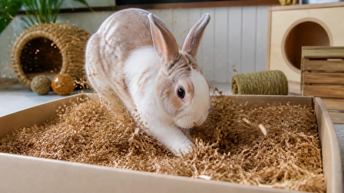 Lapin creusant activement dans un bac de fouille rempli de foin
