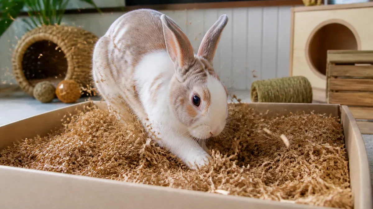 Lapin creusant activement dans un bac de fouille rempli de foin