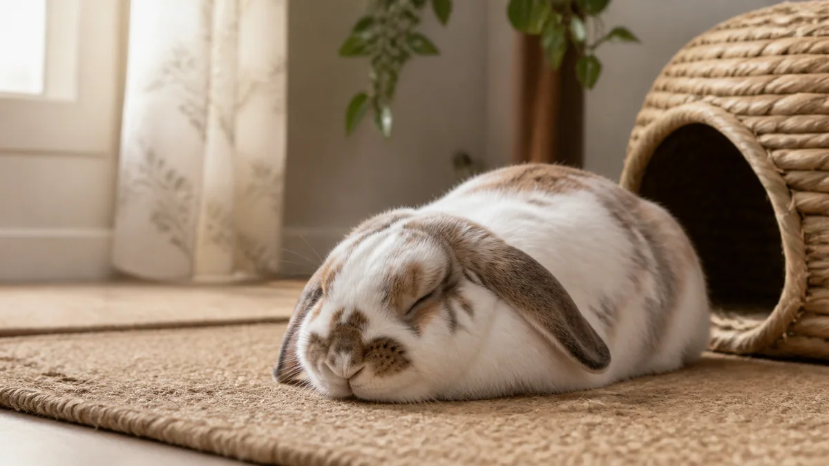 Lapin nain endormi en boule dans son coin de couchage en pleine journée
