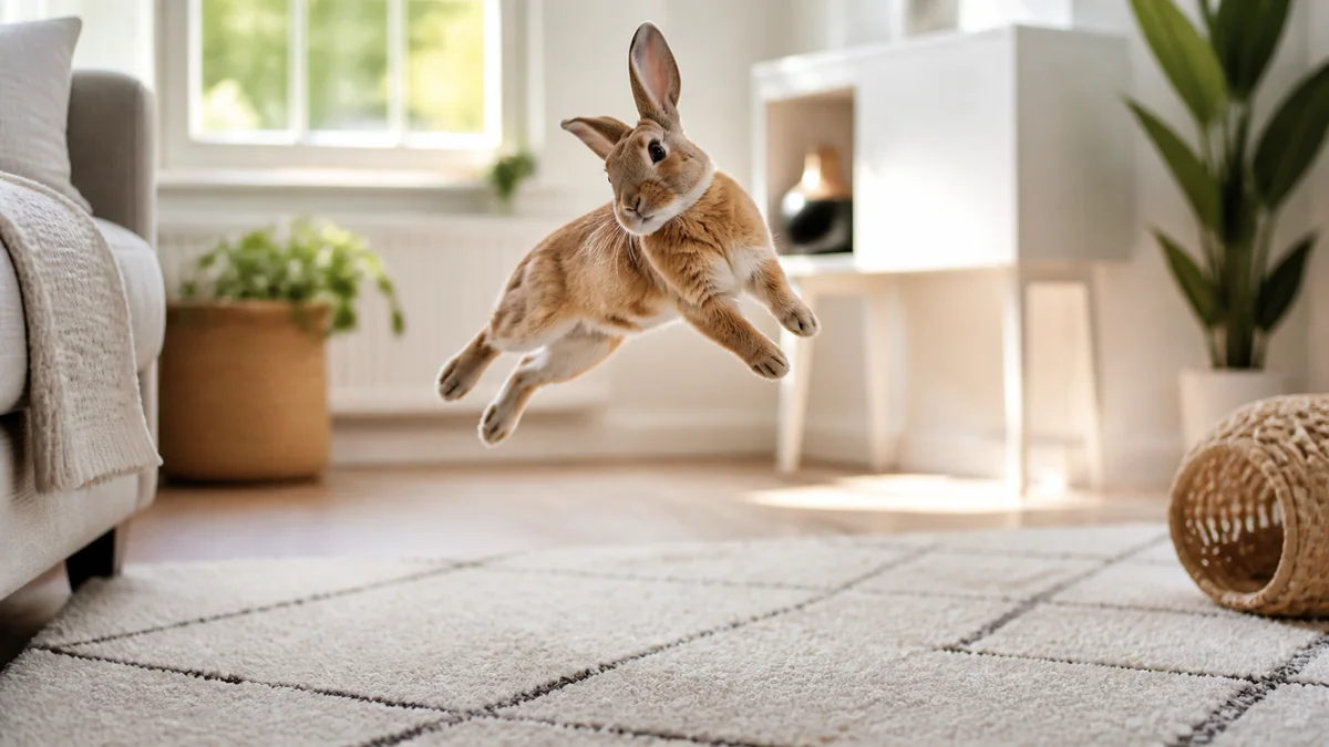Lapin en plein bond illustrant le comportement de binky exprimant la joie