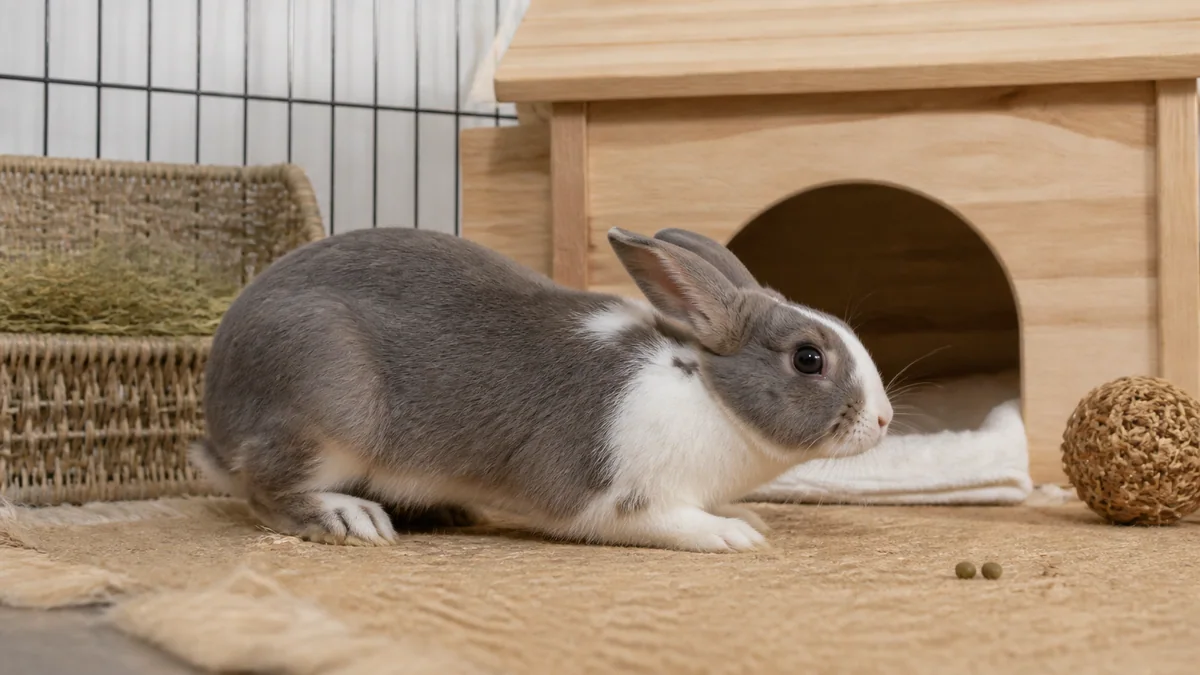 Lapin en posture défensive, oreilles en arrière