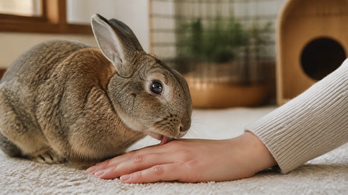 Lapin nain qui lèche la main de son propriétaire
