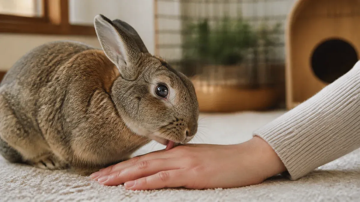 Dwarf rabbit licking its owner's hand