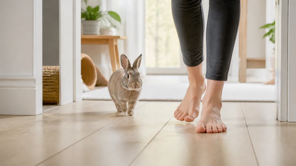 Lapin qui suit son propriétaire dans un couloir, nez levé