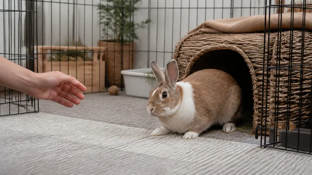 Lapin de profil dans l'herbe parsemée de pissenlits