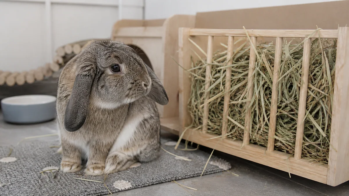 Lapin assis devant son râtelier de foin sans manger