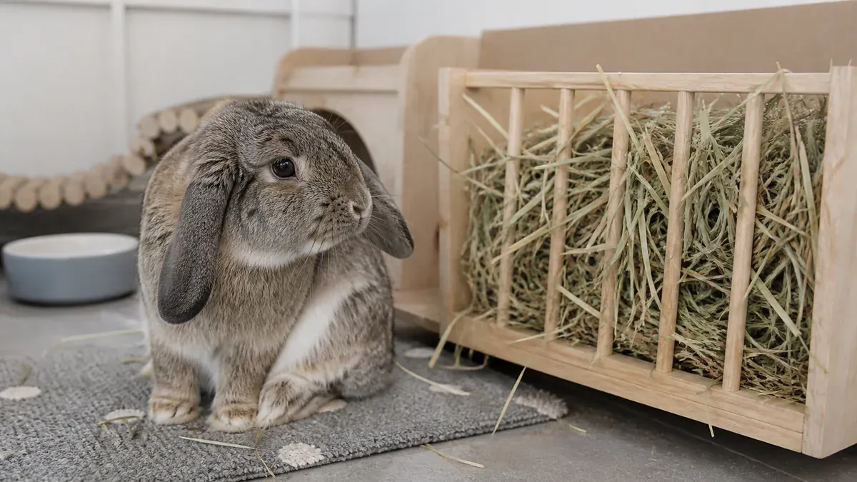 Lapin assis devant son râtelier de foin sans manger