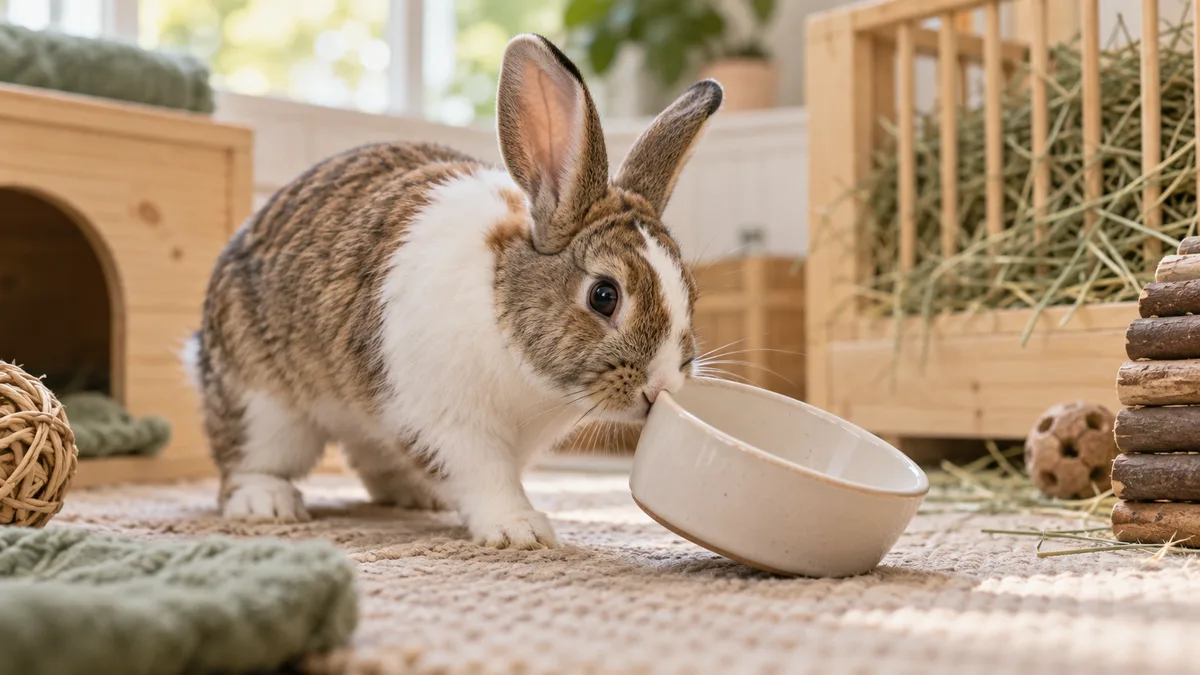 Lapin poussant une gamelle légère avec son museau