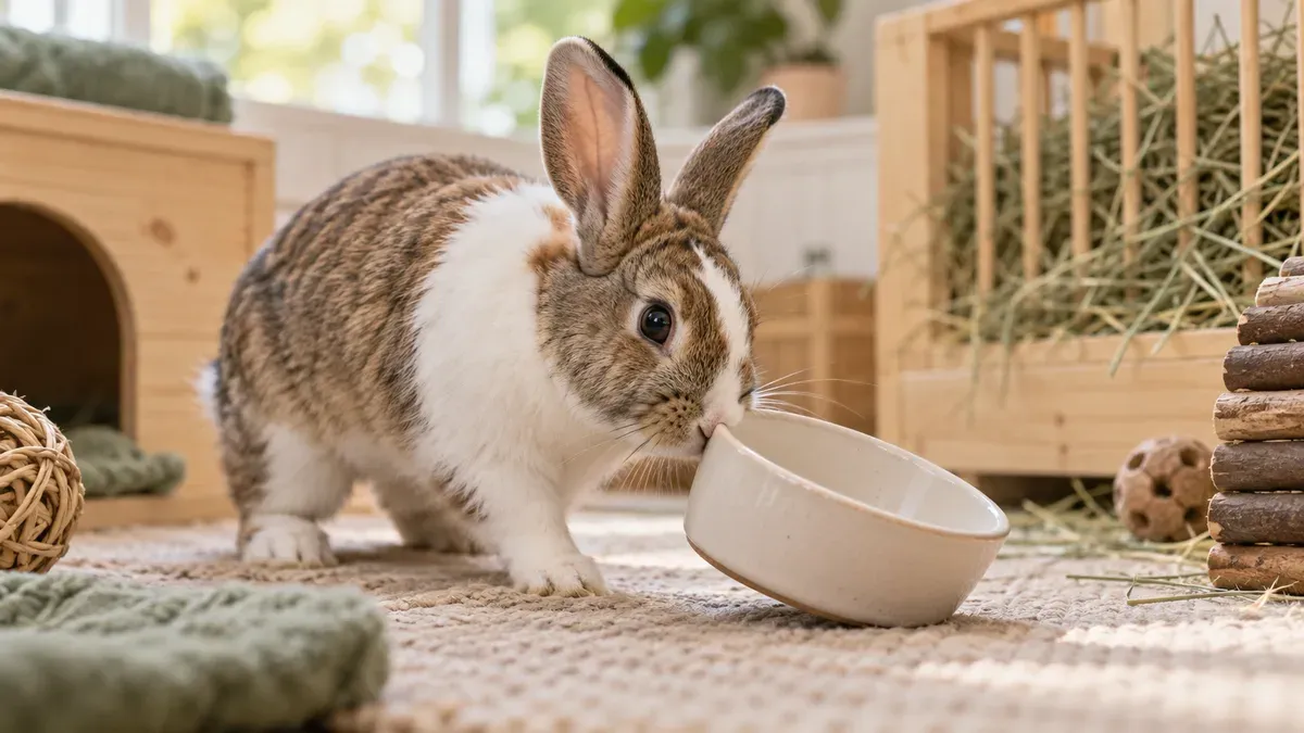 Lapin poussant une gamelle légère avec son museau