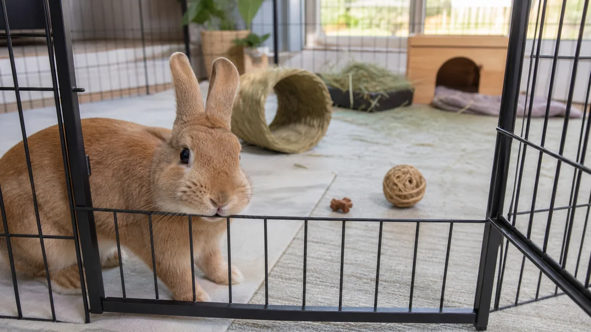 Lapin posé contre les barreaux de son enclos, illustrant le comportement de rongement