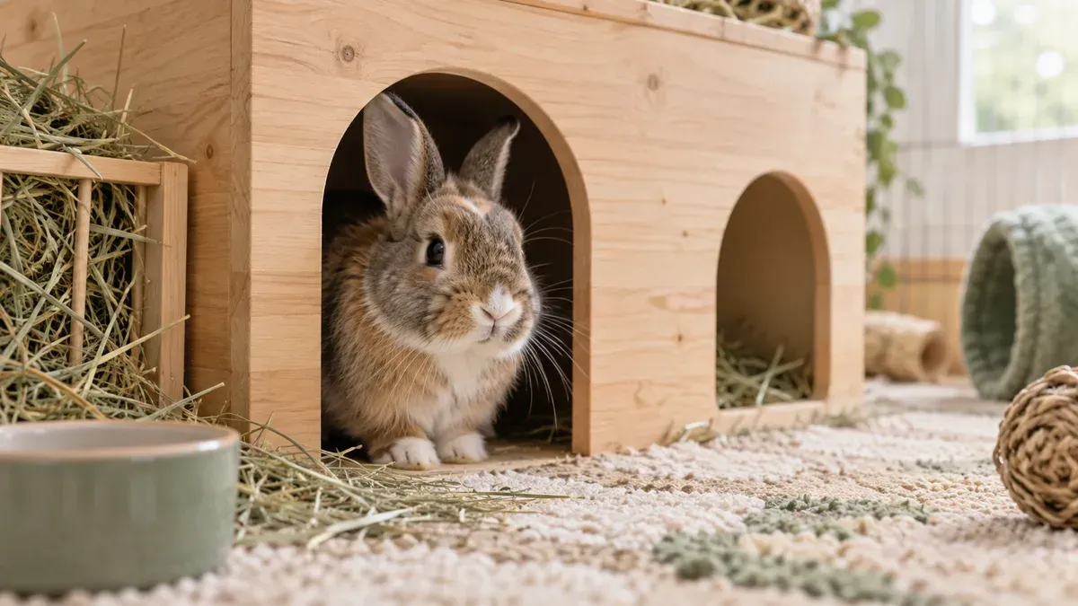 Cautious rabbit peeking from a wooden hide