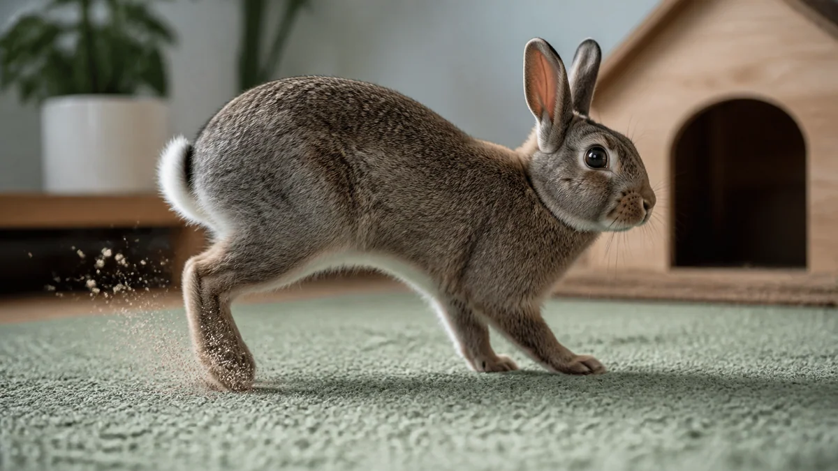Lapin en alerte dans l'herbe, oreilles dressées et corps immobile