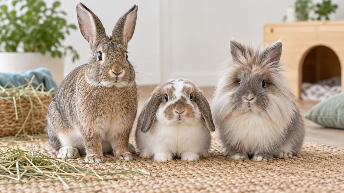 Three domestic rabbits of different breeds and body types