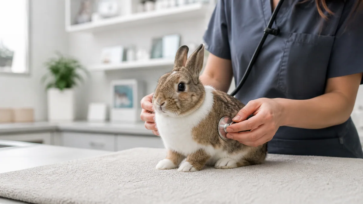 Lapin examiné sur une table de consultation par un vétérinaire NAC