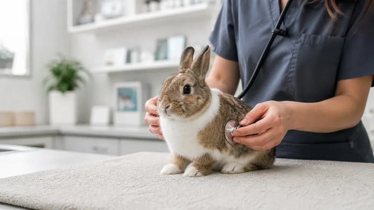 Rabbit being examined on a consultation table by an exotic vet