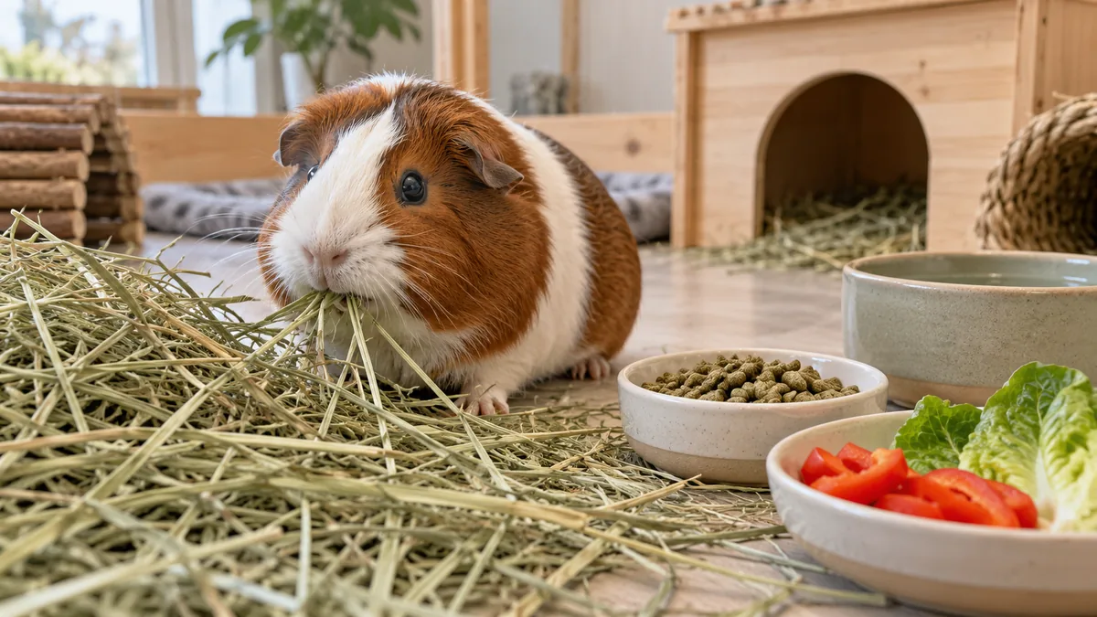 Un cochon d’Inde mange du foin près de gamelles de légumes et de granulés.