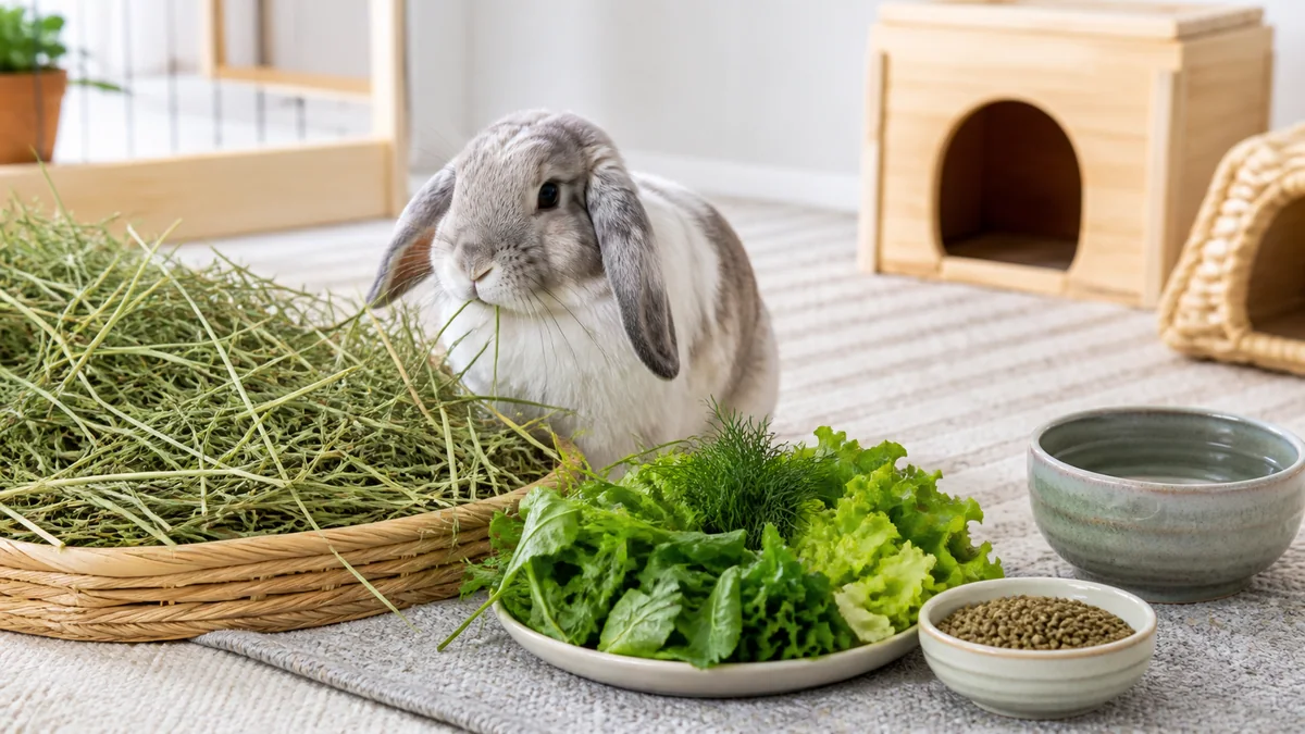 Lapin bélier mangeant une longue tige de foin sur une terrasse