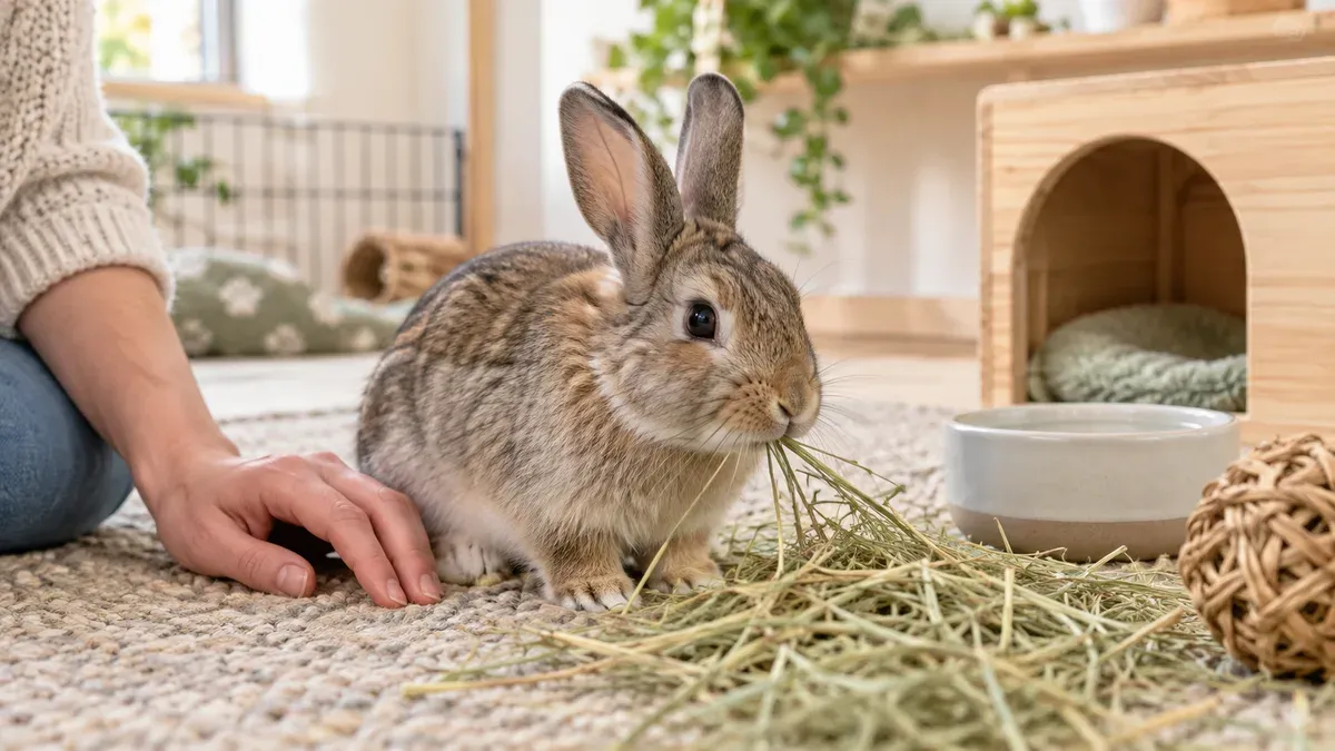 Weaned juvenile rabbit eating hay independently