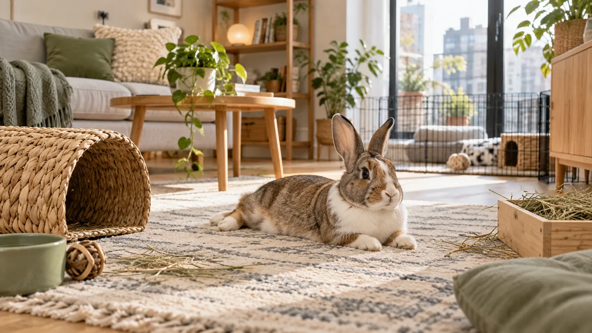 Lapin détendu dans un appartement aménagé et sécurisé