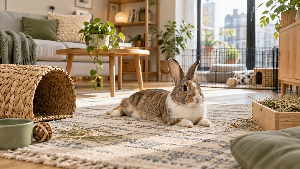Relaxed rabbit in a safe adapted apartment