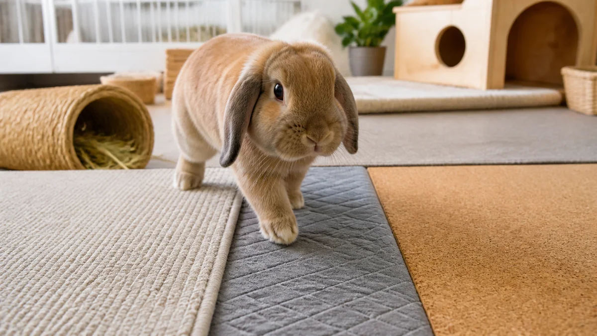 Lapin posé sur un tapis en jute dans un salon, pattes bien à plat