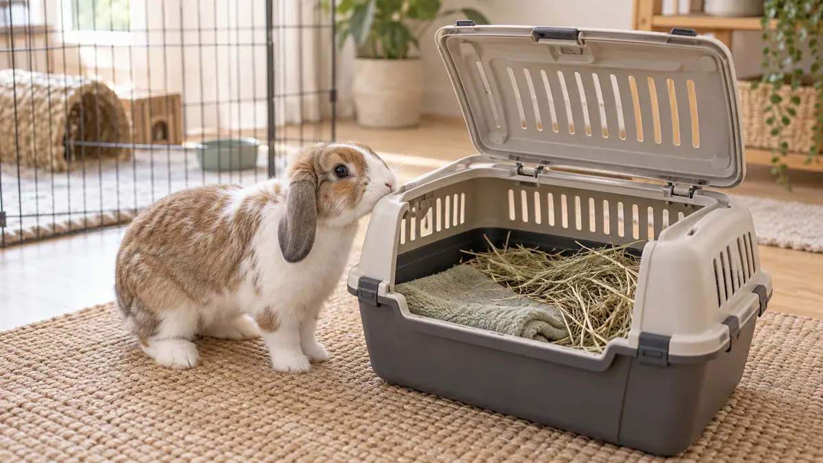 Open hard-sided carrier lined with a towel and hay