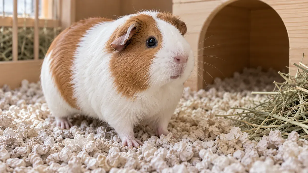 Un cochon d’Inde sur une litière de papier près d’un abri en bois.
