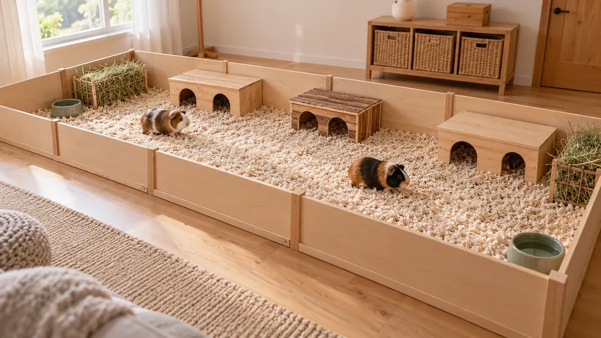 Two guinea pigs in a large enclosure with three shelters, hay and water bowls.