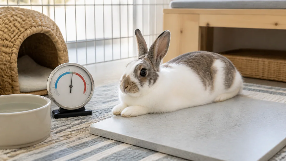 Lapin allongé sur une dalle fraîche en été