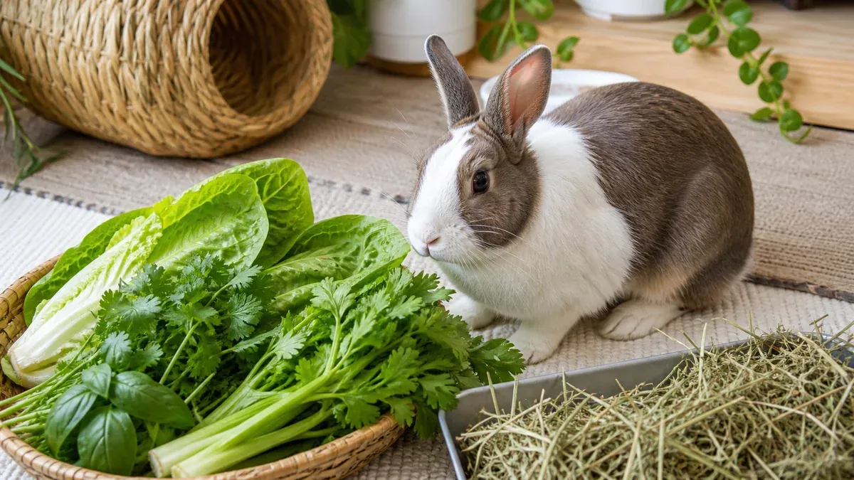 Rabbit eating fresh leafy greens from a bowl
