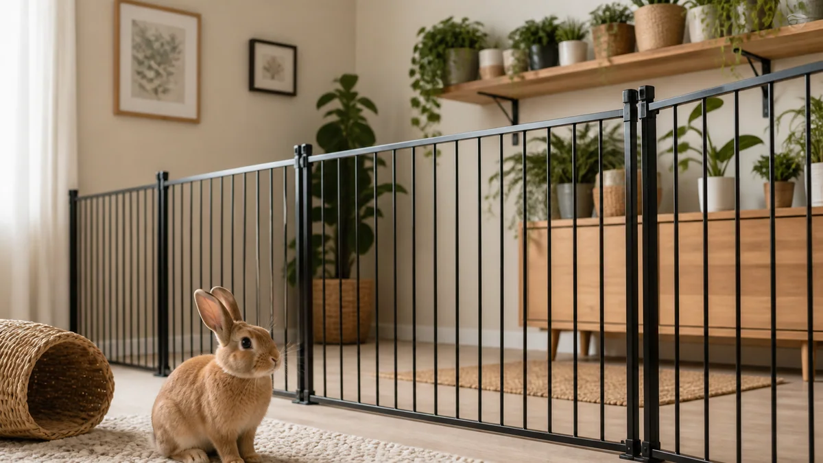 Lapin en liberté près de plantes d'intérieur posées au sol