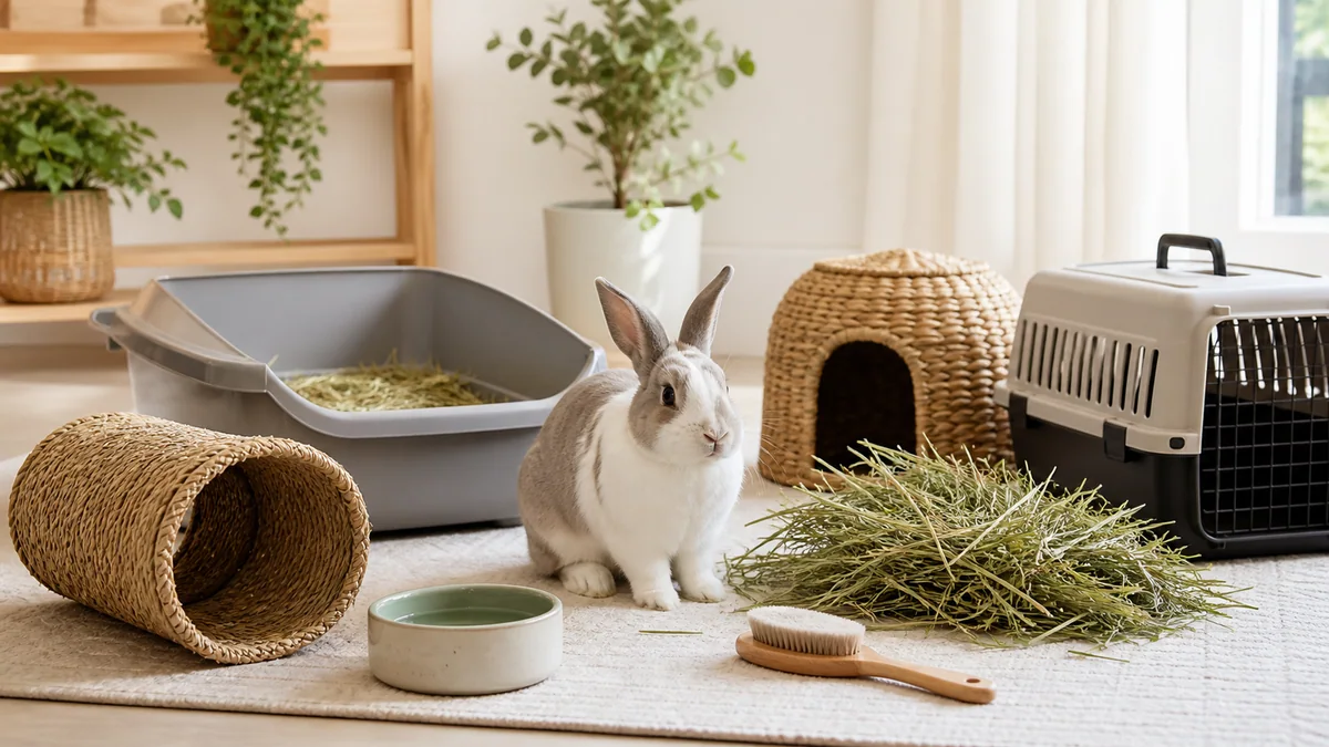 Enclos de lapin nain équipé avec râtelier, abri et jouets