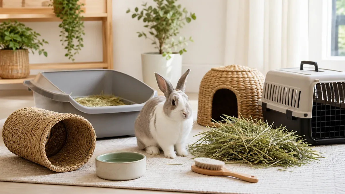 Enclos de lapin nain équipé avec râtelier, abri et jouets