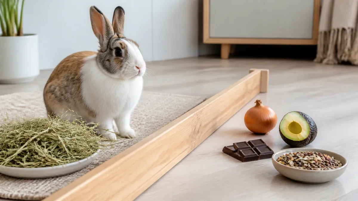 Lapin nain à côté d'une liste d'aliments à éviter