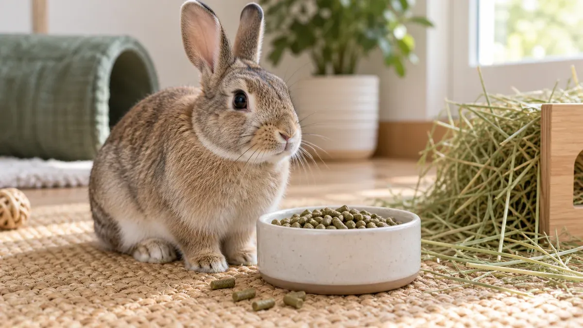 Rabbit beside a bowl of uniform high-fibre pellets