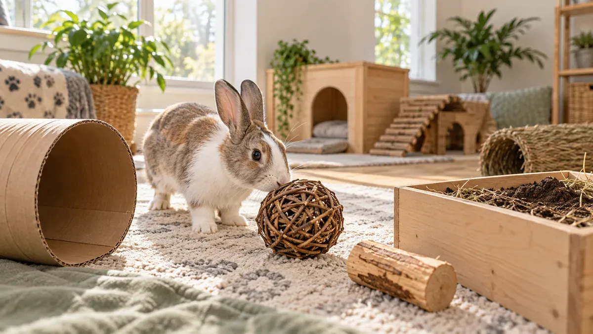 Lapin explorant des jouets d'occupation adaptés