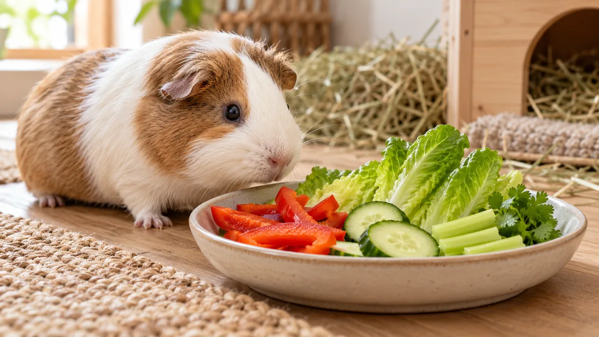 Poivron, romaine, concombre et céleri dans une assiette devant un cochon d’Inde.