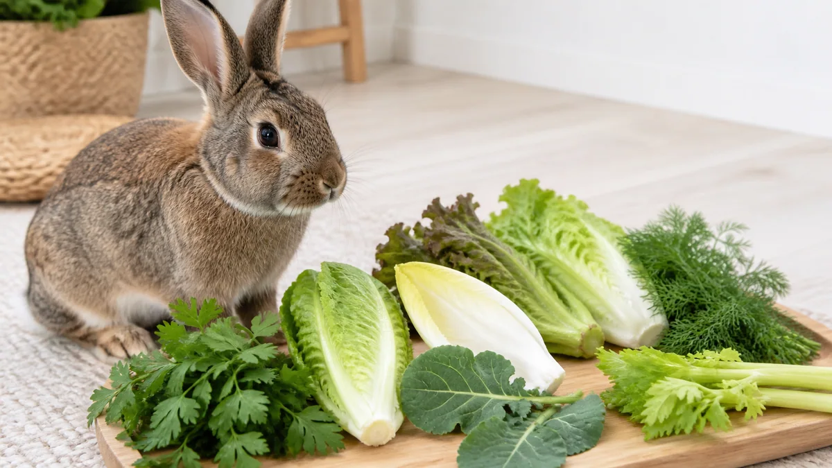 Lapin gris devant un bol de jeunes pousses et des bouquets de brocoli