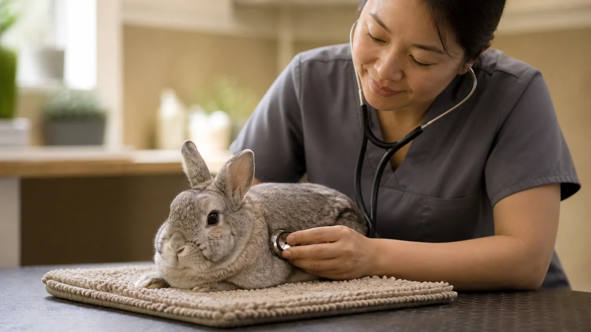 Lapin âgé couché sur un tapis moelleux à côté de son foin