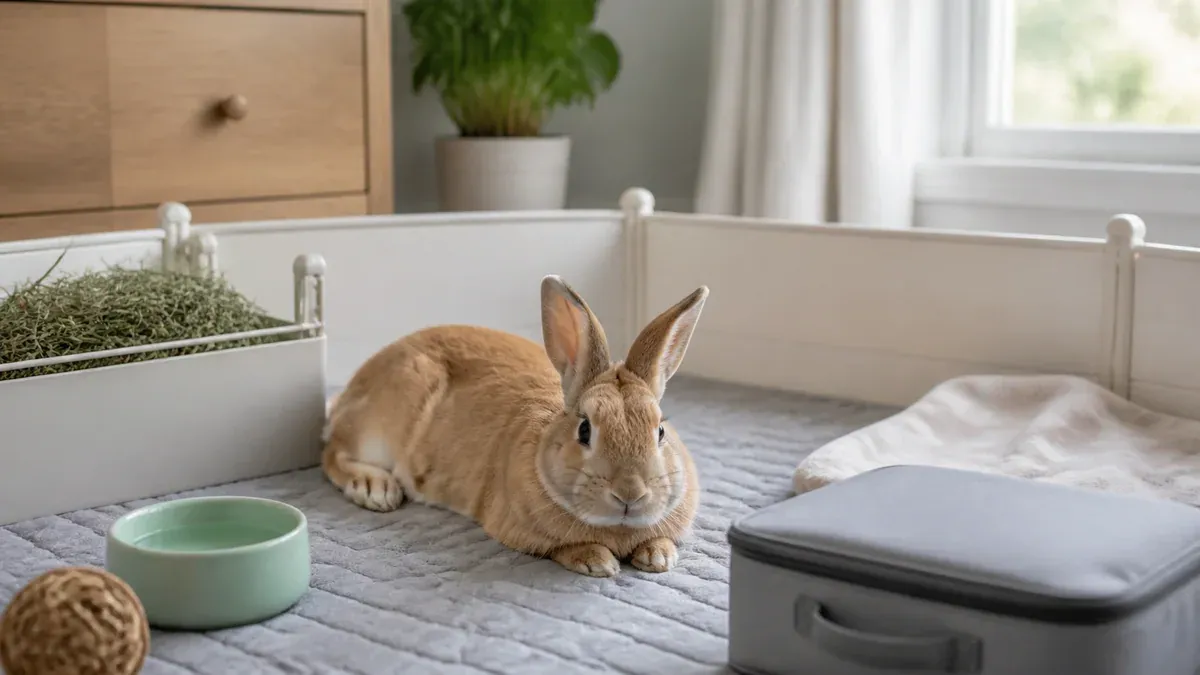 Lapin au repos sur une litière de papier propre après une castration
