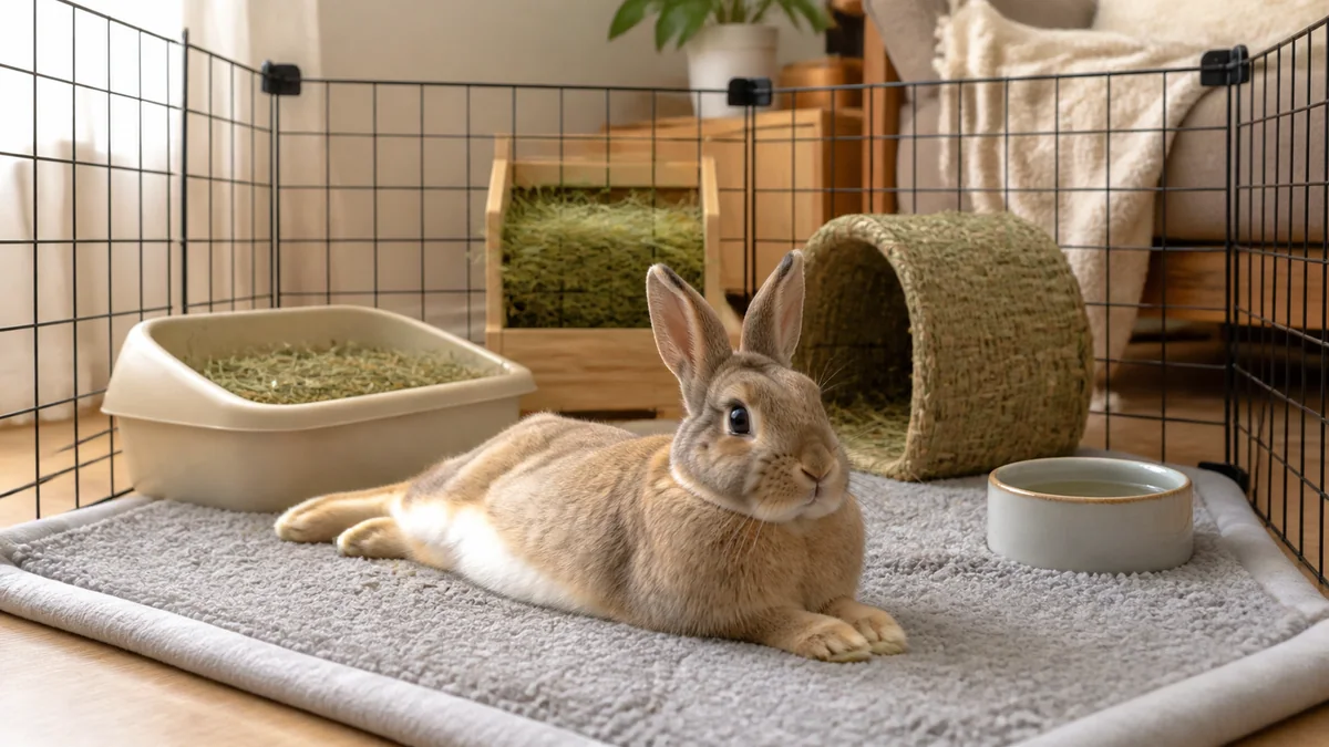 Lapine au repos dans un enclos calme garni de foin après une opération