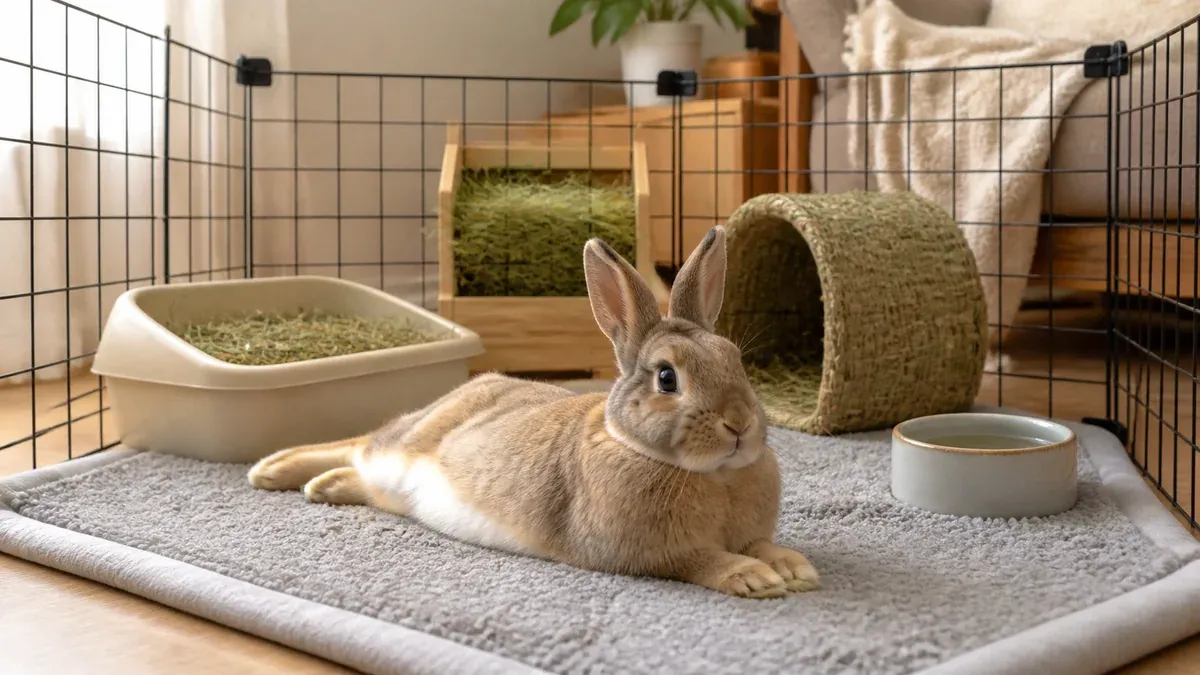 Lapine au repos dans un enclos calme garni de foin après une opération