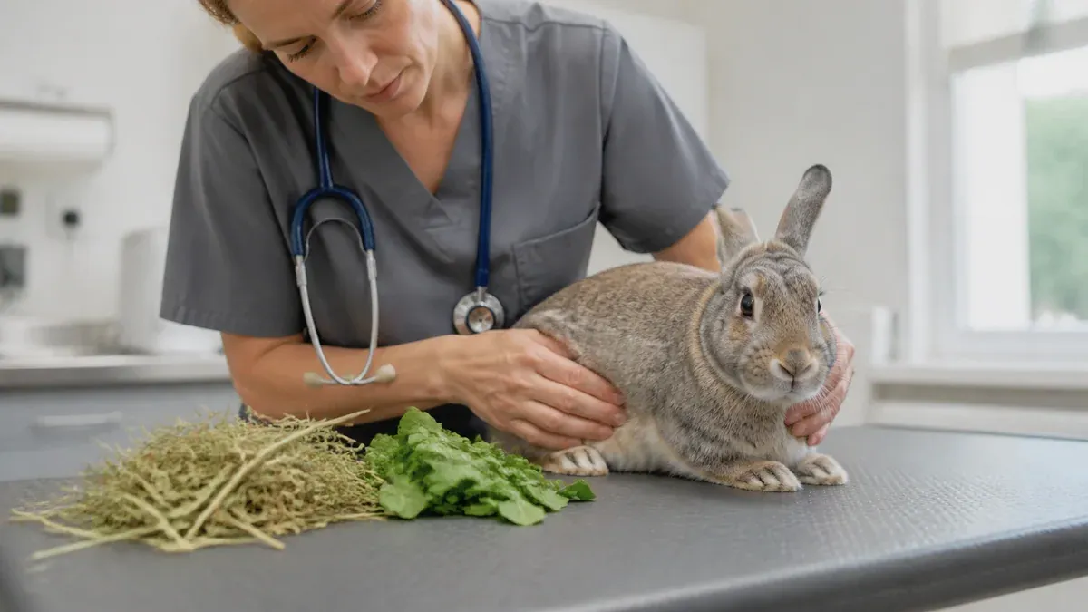 Grey rabbit hunched at the back of its pen, head lowered