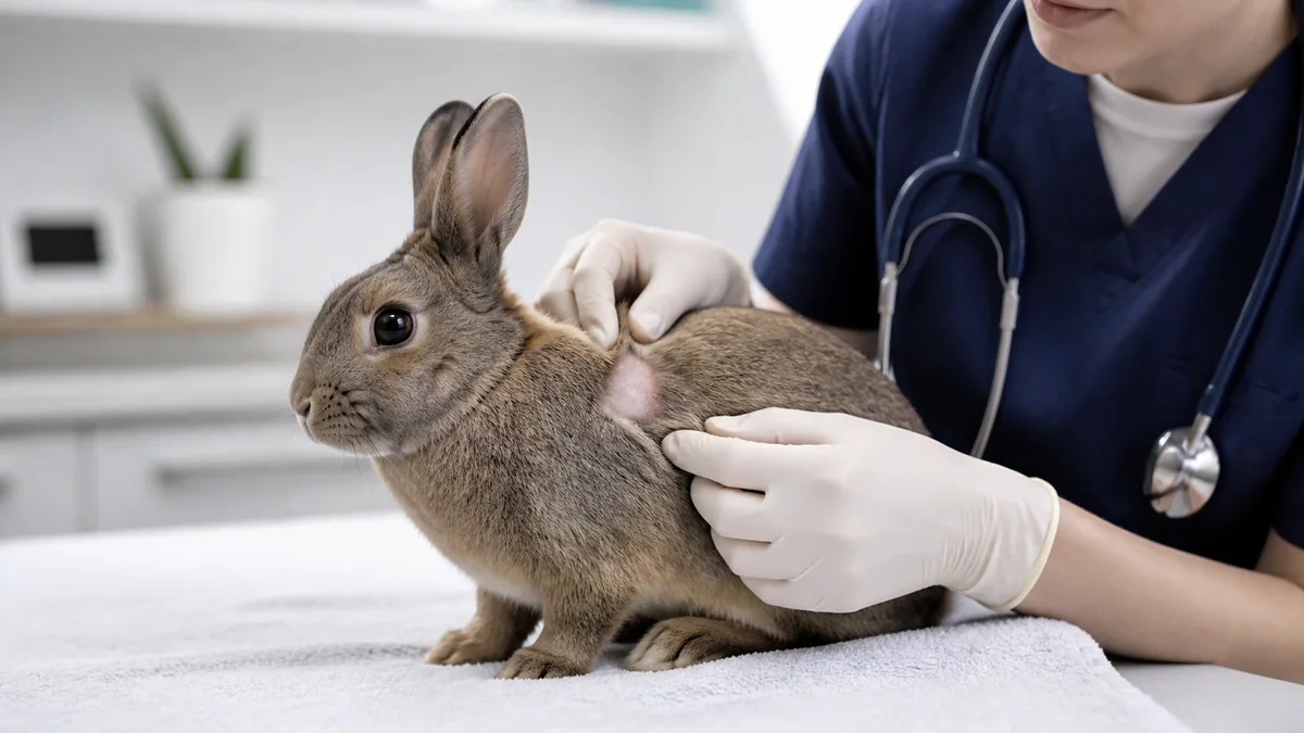 Lapin présentant une plaque de peau sans poils autour du nez, évocatrice de teigne