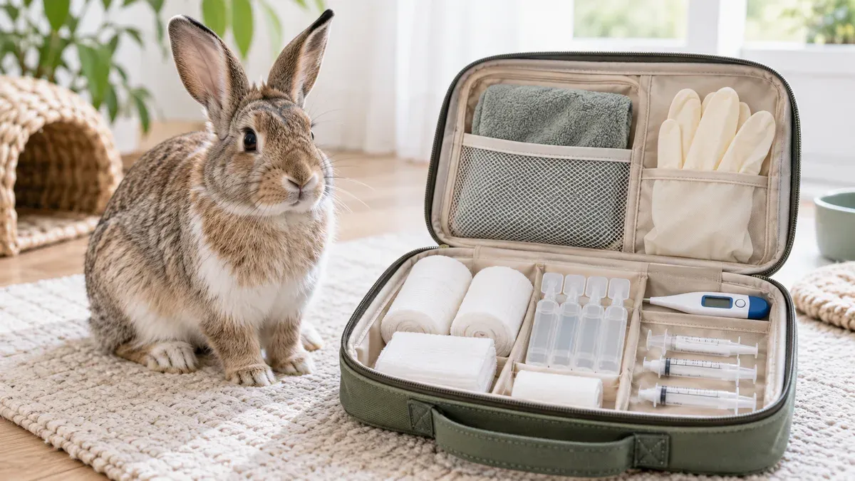 Lapin près d'une trousse de secours organisée et adaptée