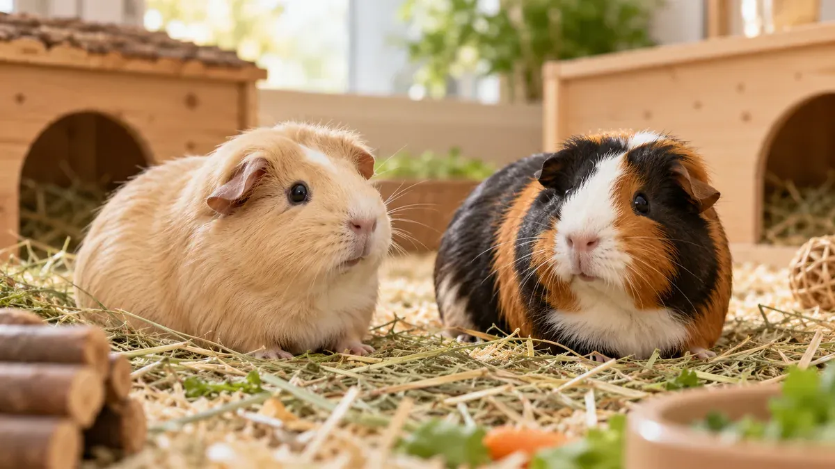 Two guinea pigs rest side by side on hay in front of their shelters.